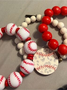 Red & White Baseball Beaded Bracelet Set